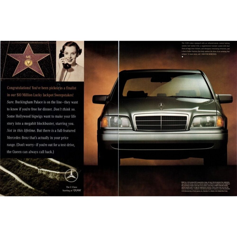1996 Mercedes Benz C220 Sports Sedan 2 Page Vintage Print Ad Hollywood Star Art
